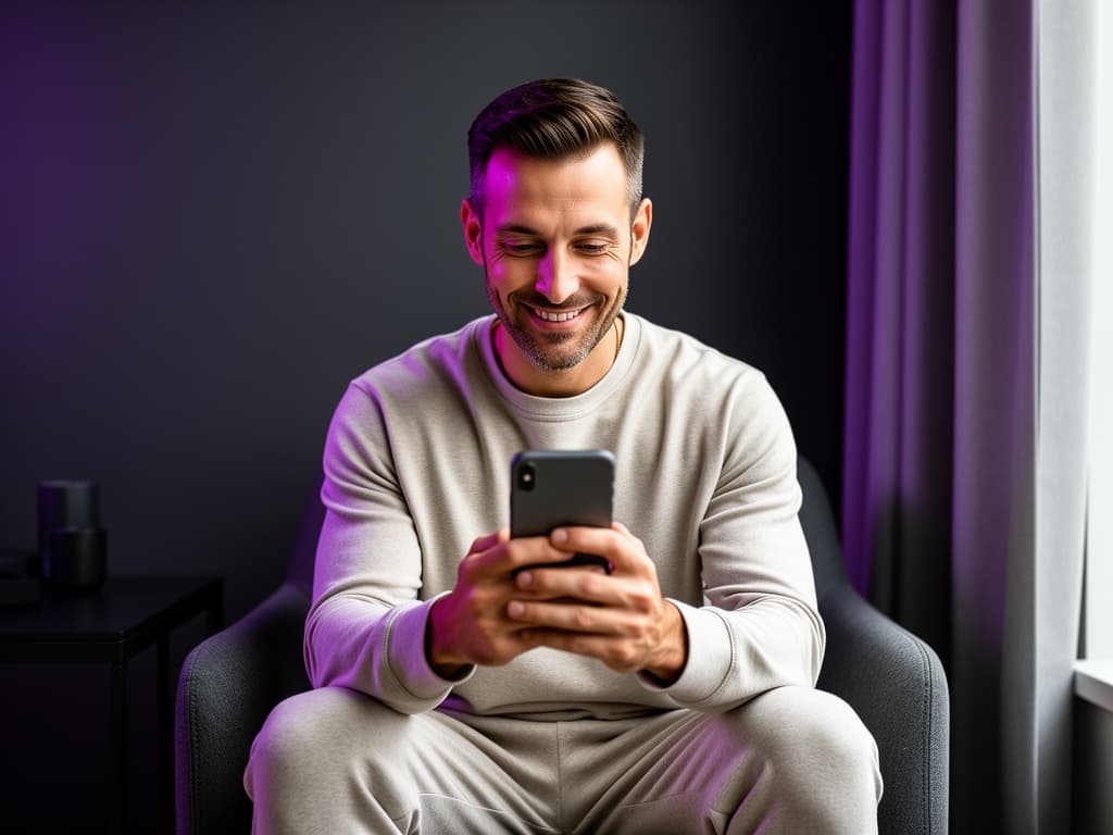 Smiling man looking at his phone during a skincare check-in.