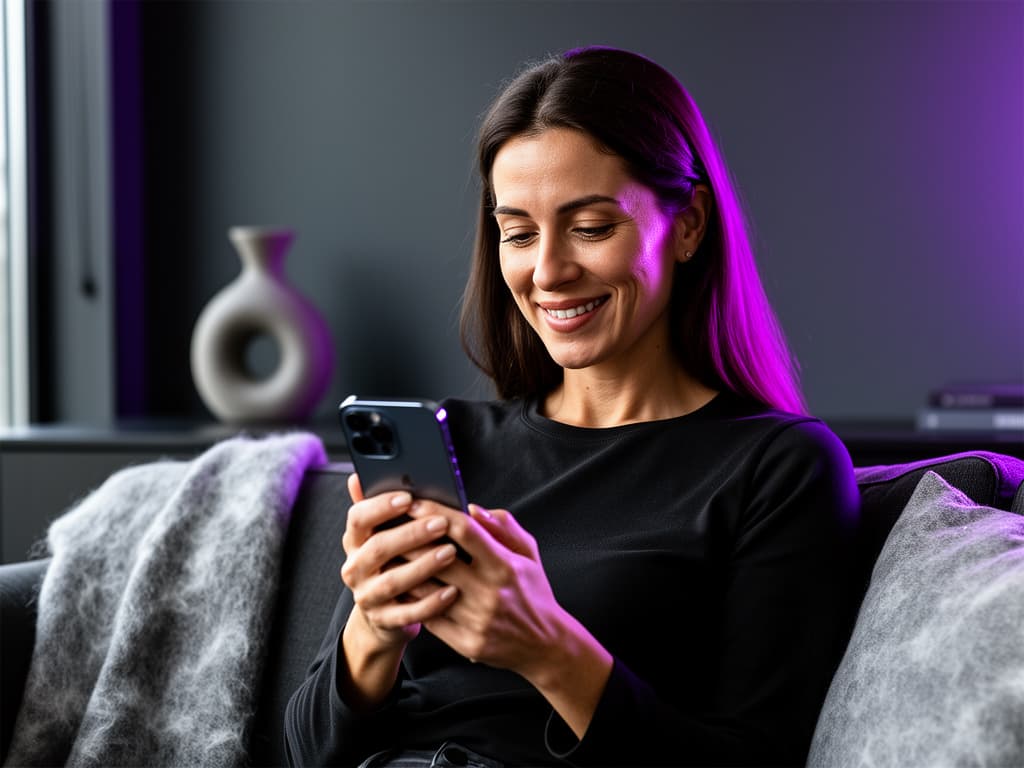 Smiling woman looking at her phone during a skincare check-in.